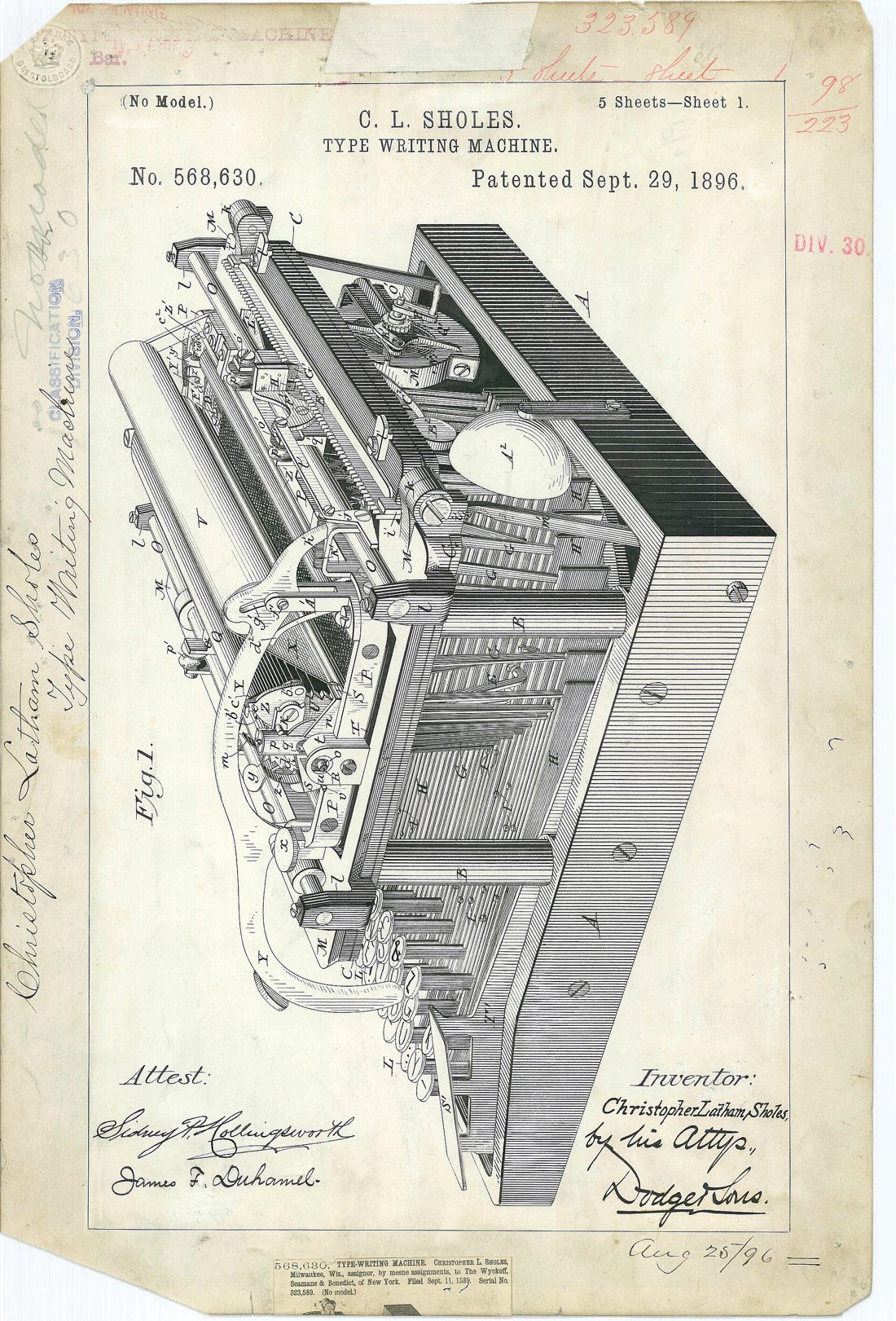 Type Writing Machine patent drawing, 1896