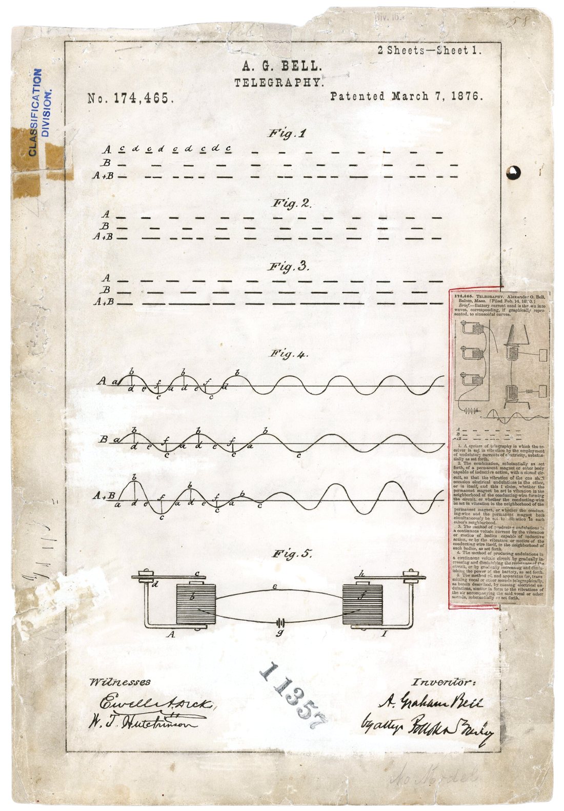 Improvement in Telegraphy patent drawing, 1876