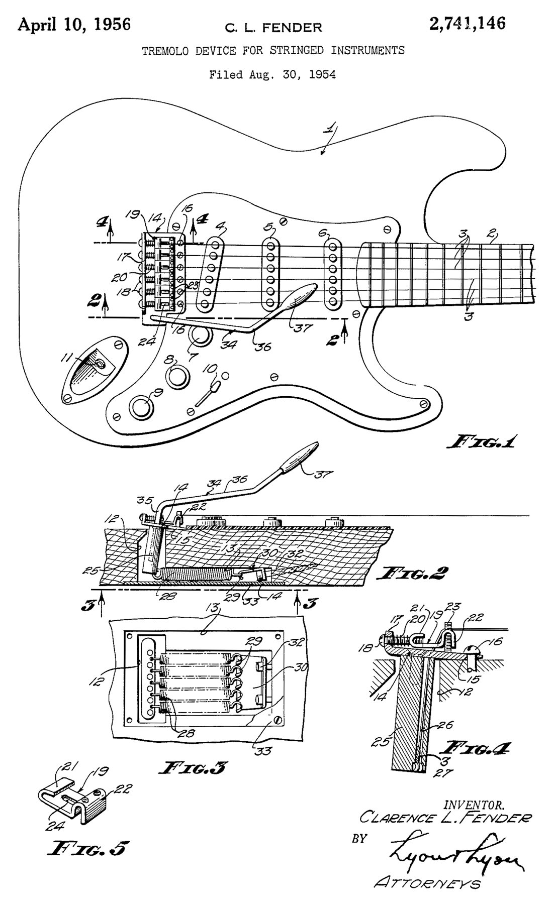Tremolo Device patent drawing, 1956