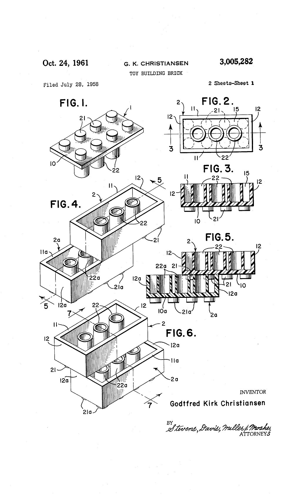 Toy Building Brick patent drawing, 1961