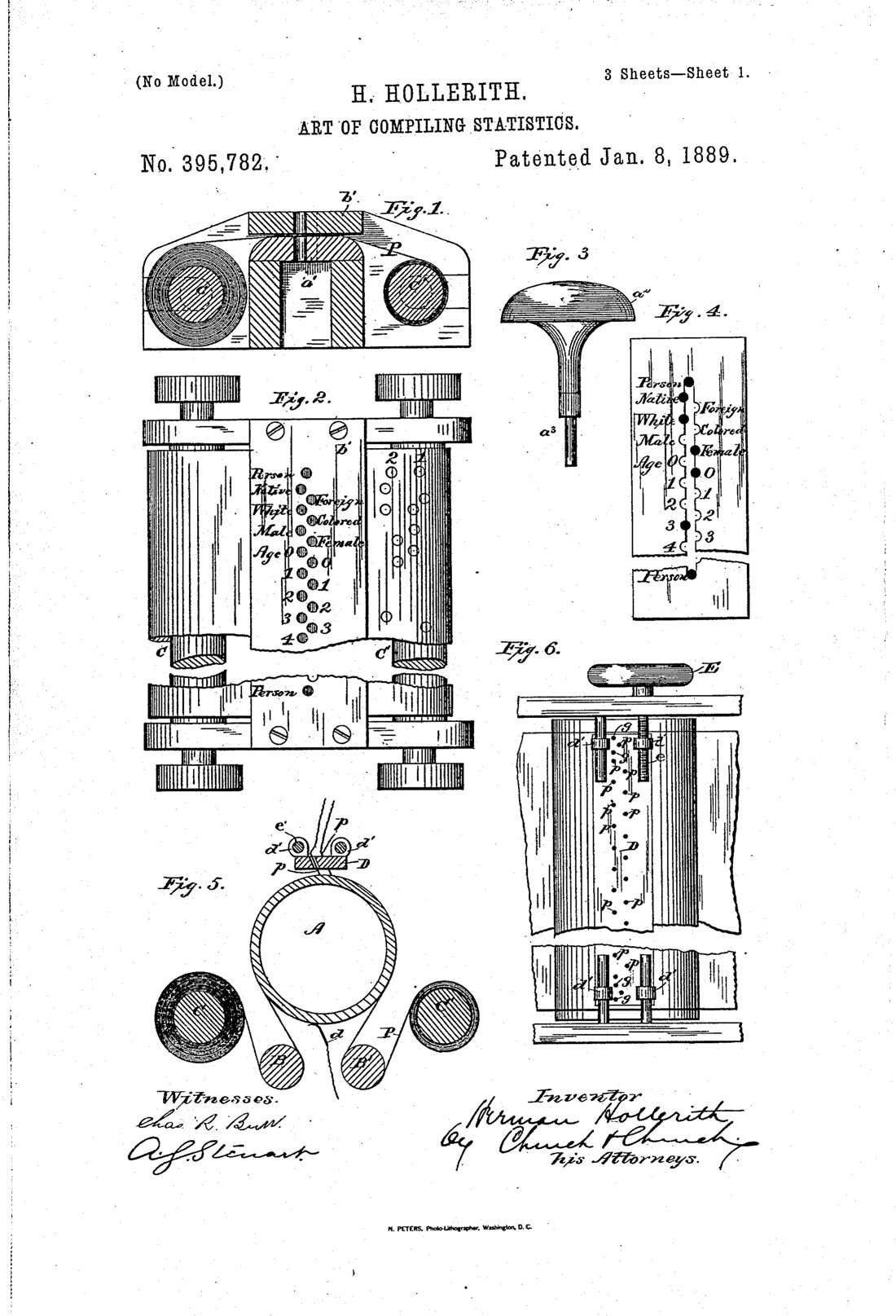 Art of compiling statistics patent drawing, 1889