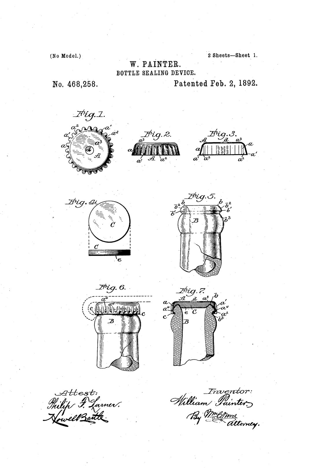 Bottle-sealing device patent drawing, 1892