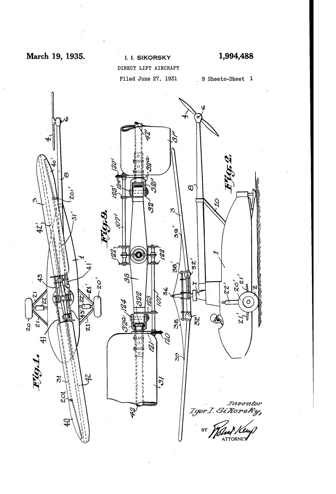 Direct lift aircraft patent drawing, 1935