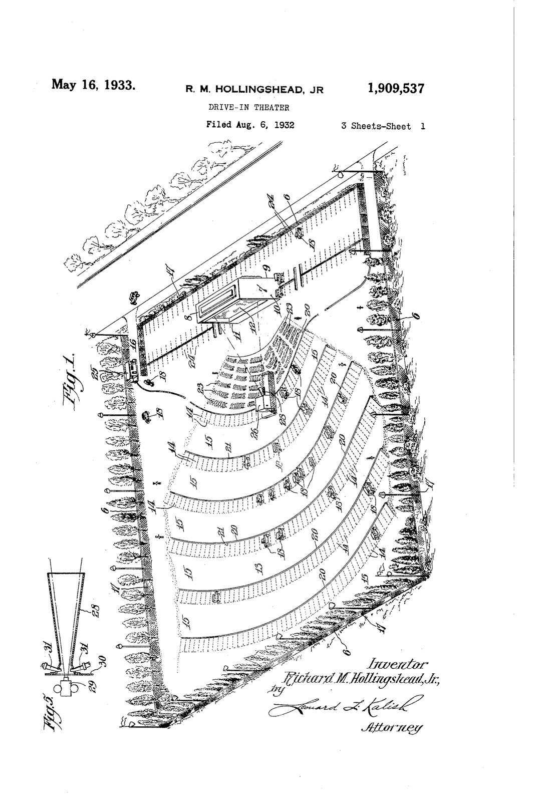 Drive-in theater patent drawing, 1933