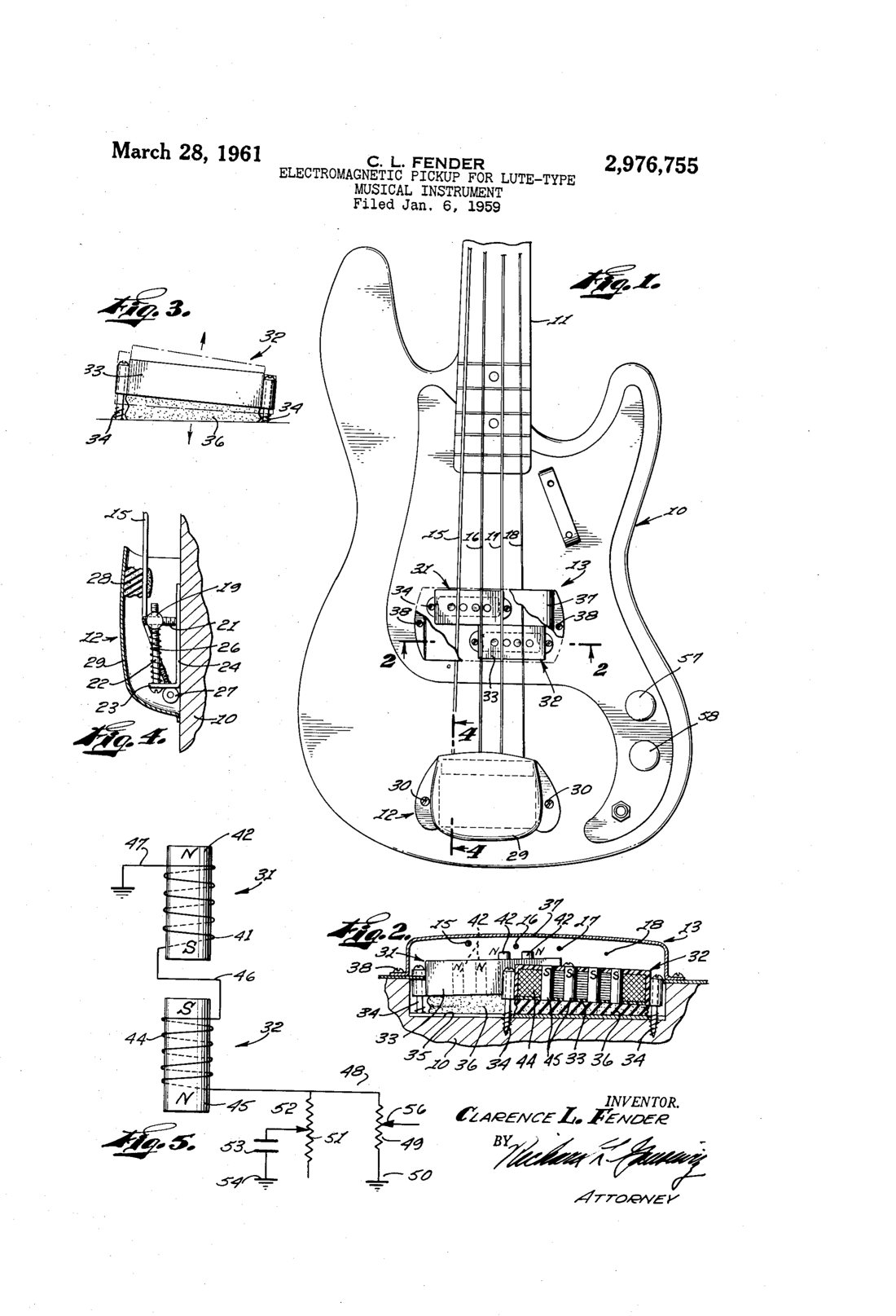 Electromagnetic pickup for lute-type musical instrument patent drawing, 1961