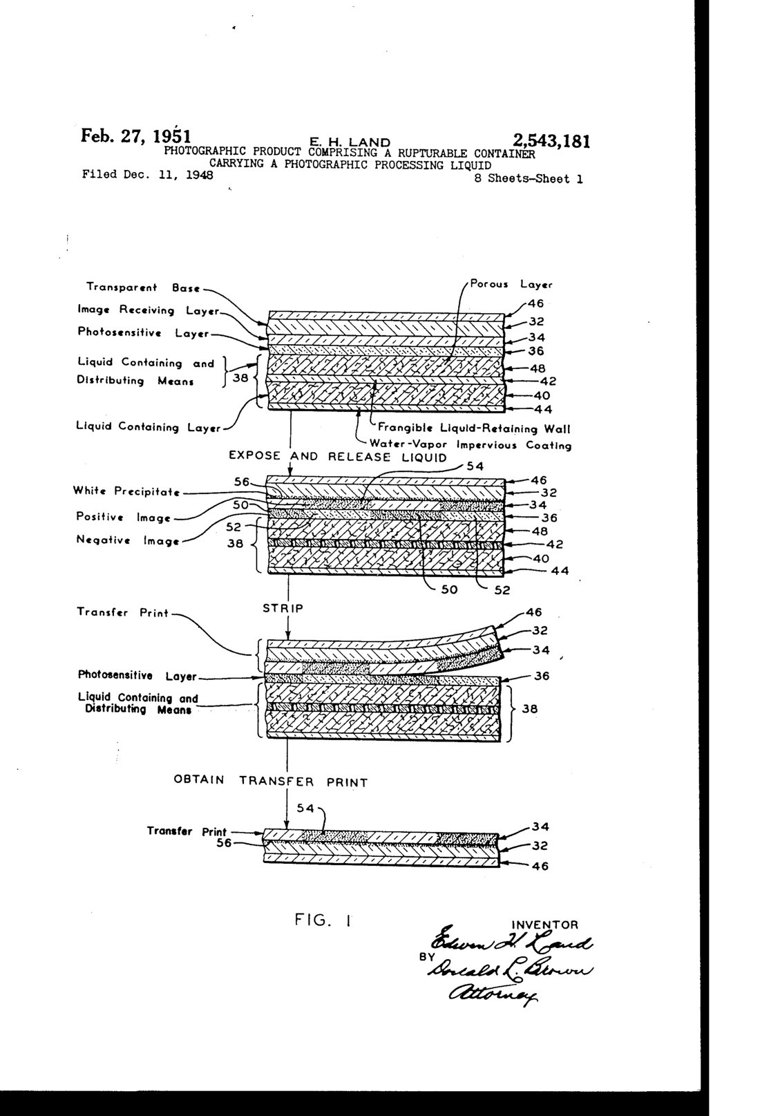 Photographic product comprising a rupturable container carrying a photographic processing liquid patent drawing, 1951