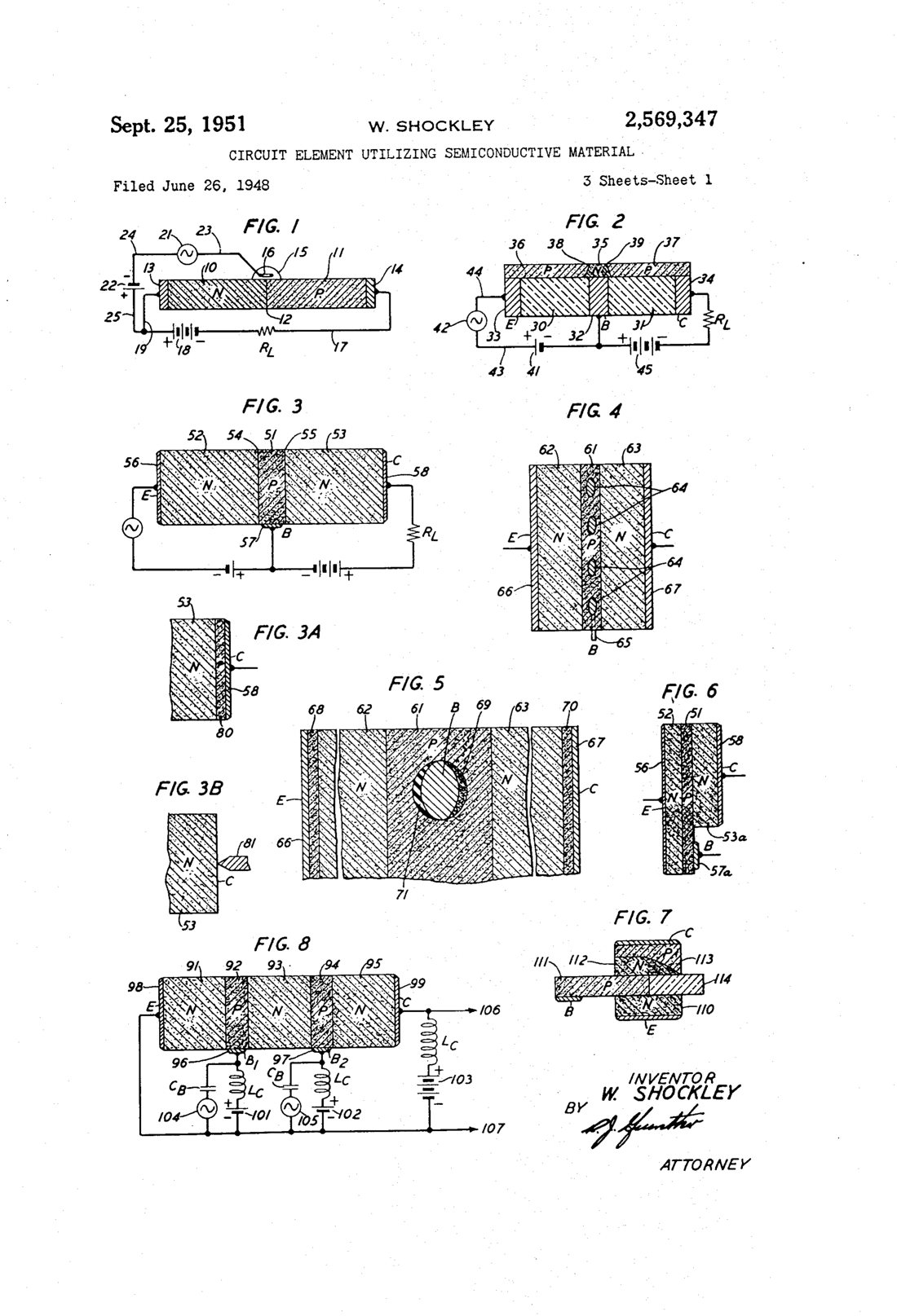 Circuit element utilizing semiconductive material patent drawing, 1951