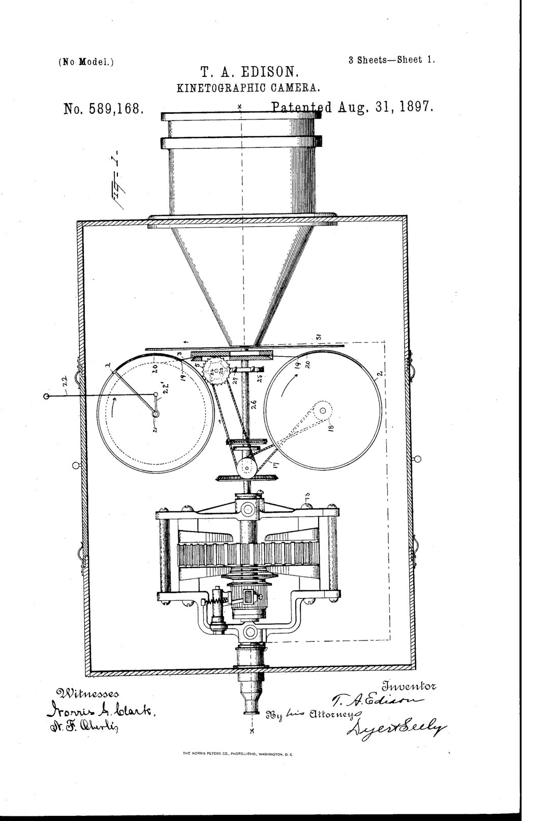 Kinetographic camera patent drawing, 1897