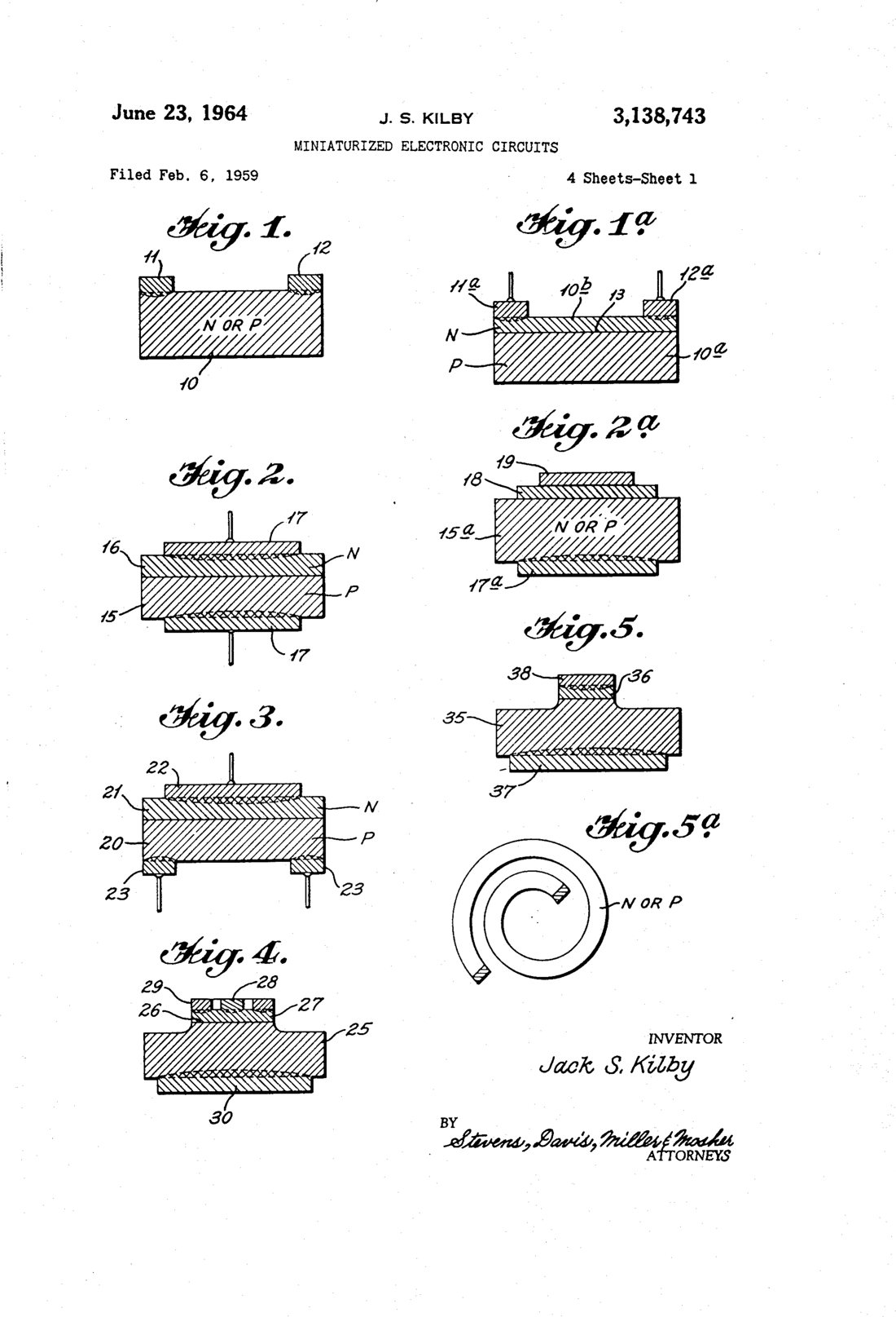 Miniaturized electronic circuits patent drawing, 1964