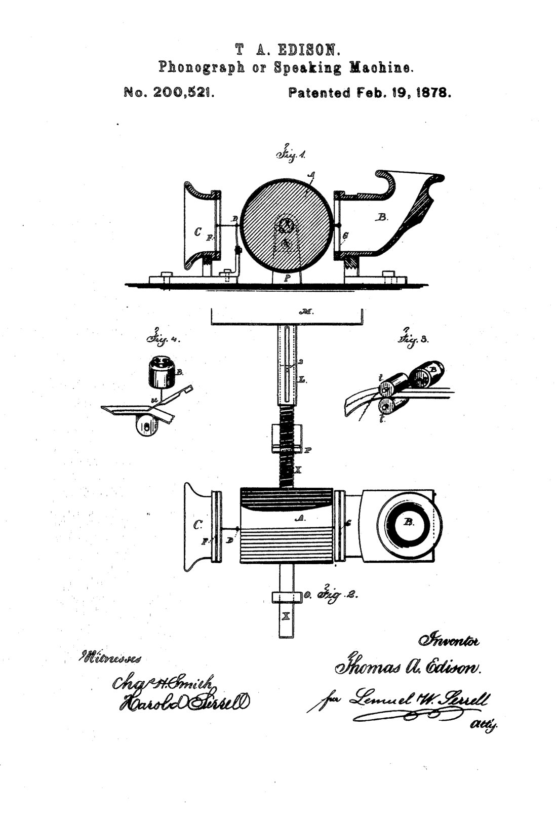 Phonograph or Speaking Machine patent drawing, 1878