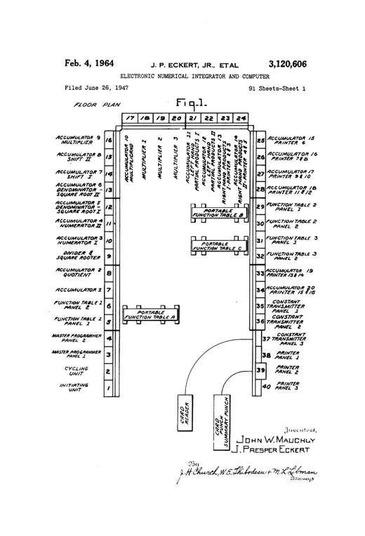 Electronic numerical integrator and computer patent drawing, 1964