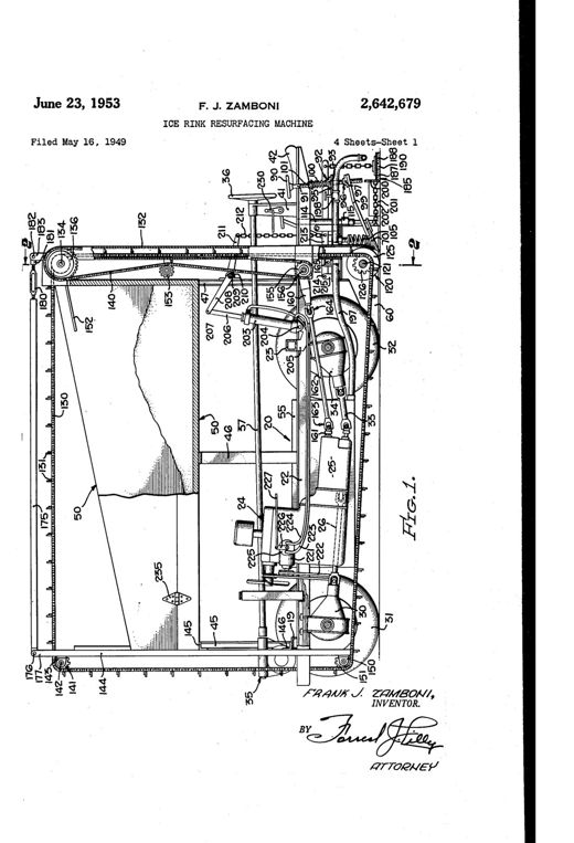 Ice rink resurfacing machine patent drawing, 1953