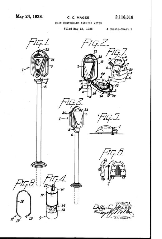 Coin controlled parking meter patent drawing, 1938