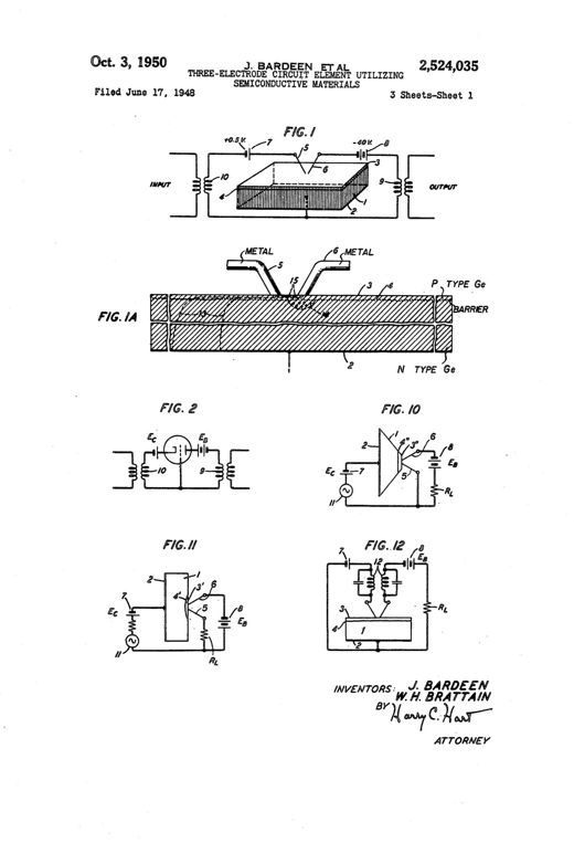 Three-electrode circuit element utilizing semiconductive materials patent drawing, 1950