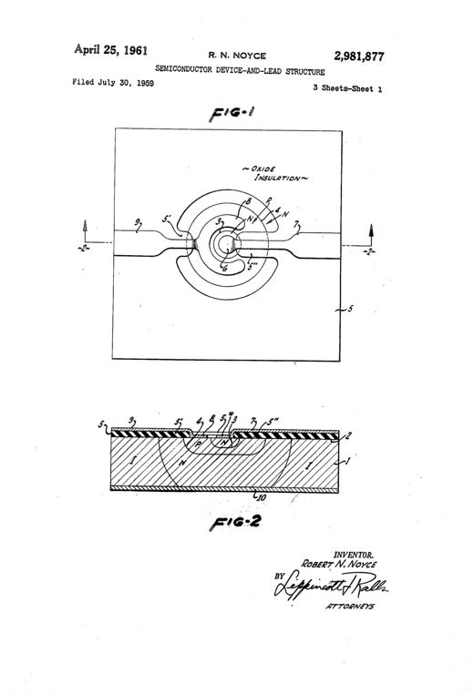 Semiconductor device-and-lead structure patent drawing, 1961