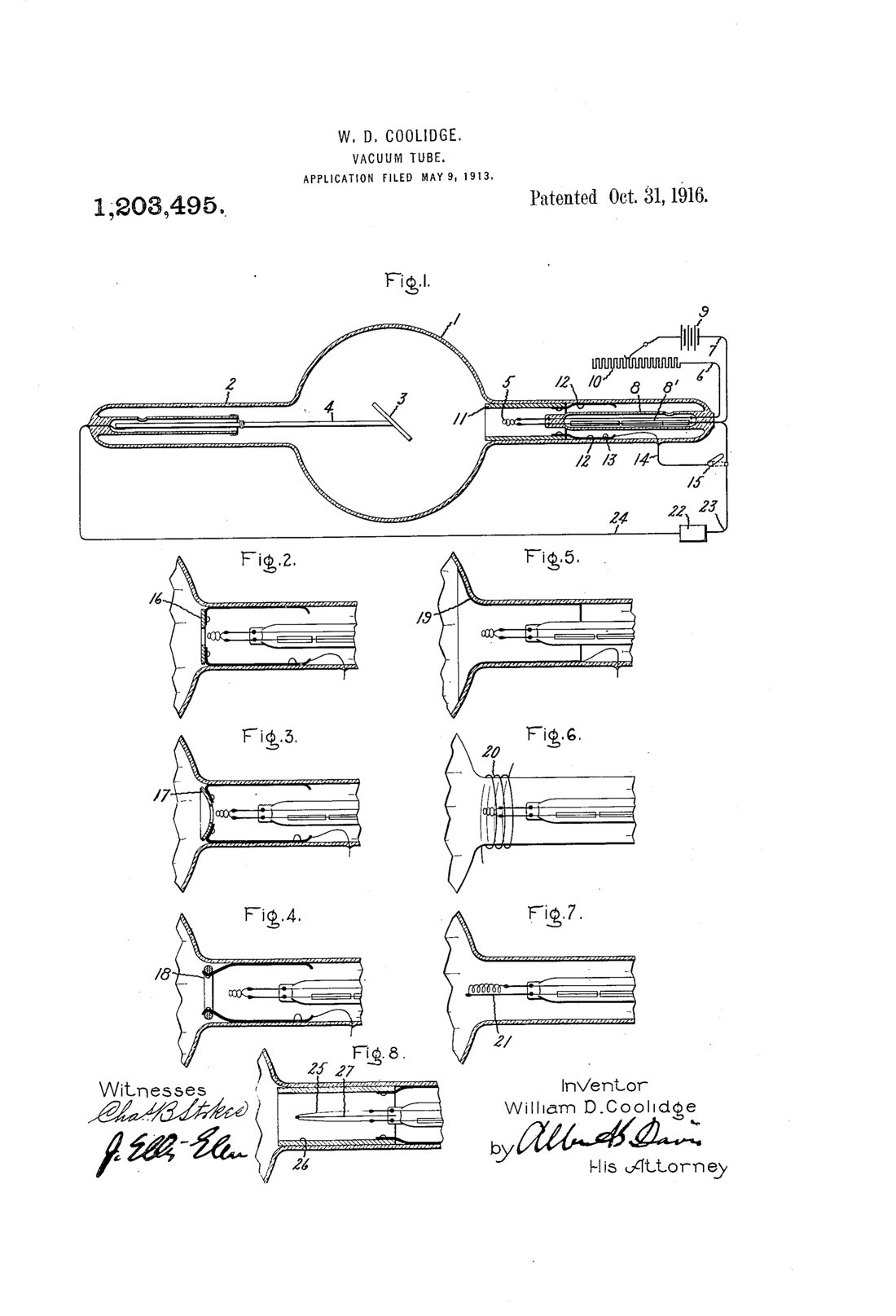 Vacuum-tube patent drawing, 1916